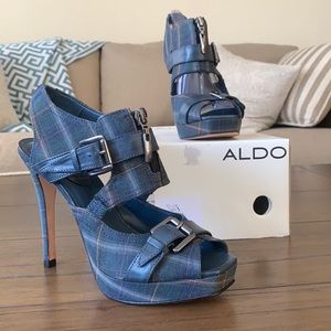 Blue and tan plaid platform heel by Aldo Shoes